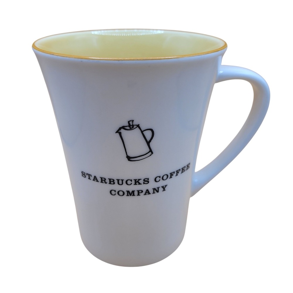 Starbucks French Press Logo White Tall Coffee‎ Mug 2006 Yellow Gold Interior